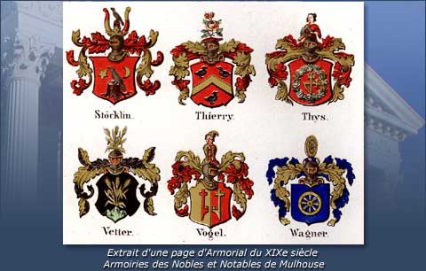 extrait d'une page d'Armorial du 19e sicèle, armoiries des Nobles et Notables de Mulhouse